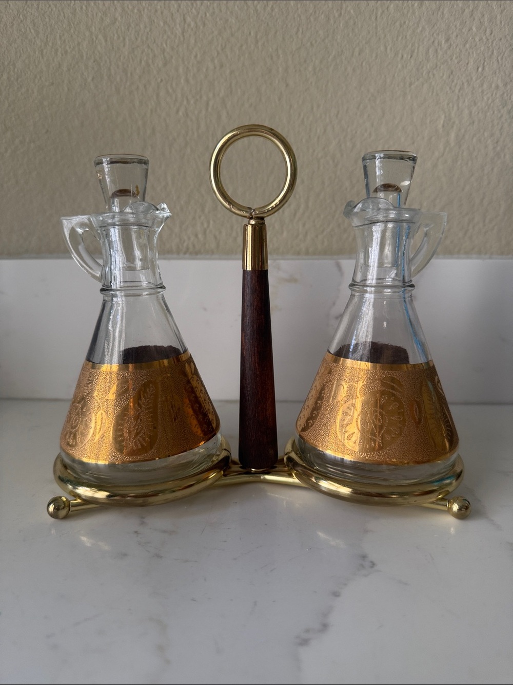 Mid Century Anchor Hocking 22k Gold Cruet Set with Caddy